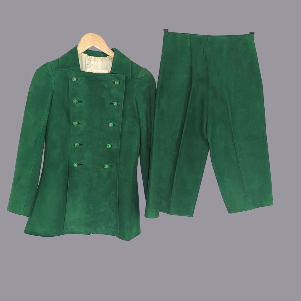 Vintage Mitzou Suede Shorts Coat Set X Small Green 60s